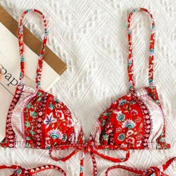SHEIN Pink Red Green White Floral Triangle Swim Bikini Top Adjustable Tie Small - Picture 1 of 6